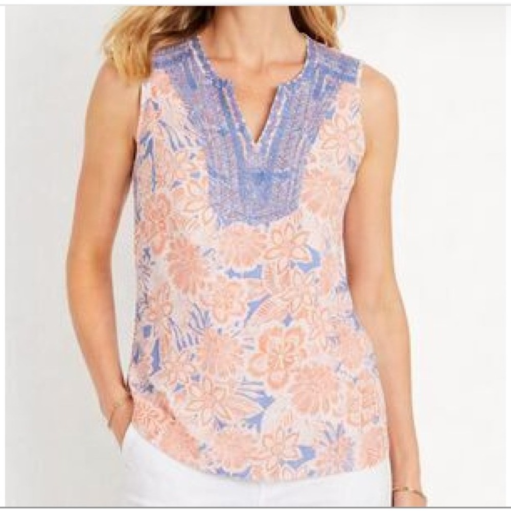 TALBOTS Woman Sleeveless Floral Embroidered Split Neck Top 2X Lightweight Cotton
